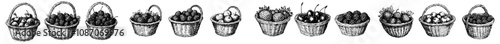 Set of 2 Vintage Modern Sketches of Berry Basket with Cherries, Raspberries, and Strawberries.