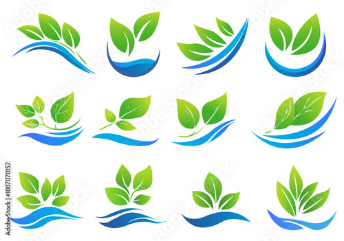 set of nature-themed logos featuring green leaves and blue wave-like shapes on a white background. Designs represent concepts of gardening, hydroponics, or eco-friendly initiatives