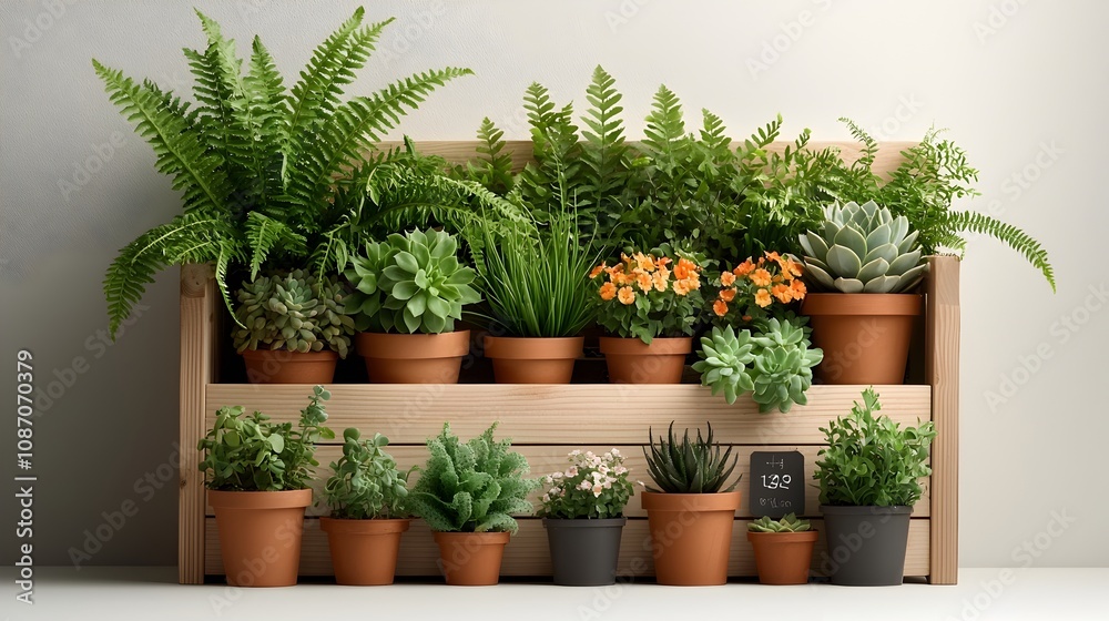 Handcrafted wooden planter box filled with a bountiful array of healthy potted plants including ferns succulents and blooming flowers Handcrafted wooden planter box filled with a bountiful array of healthy potted plants including ferns succulents and blooming flowers