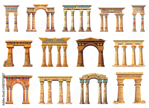 Ancient Egypt stone columns set. Old pharaoh god temple arches with gate pillars. Ornamental decorative palm hieroglyph motifs. Game assets. Cartoon style isolated vector clipart collection