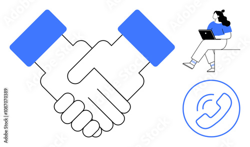 Large handshake symbolizing agreement woman working on laptop phone call icon. Ideal for business partnerships, remote work, communication, agreements, technology, teamwork, and customer service