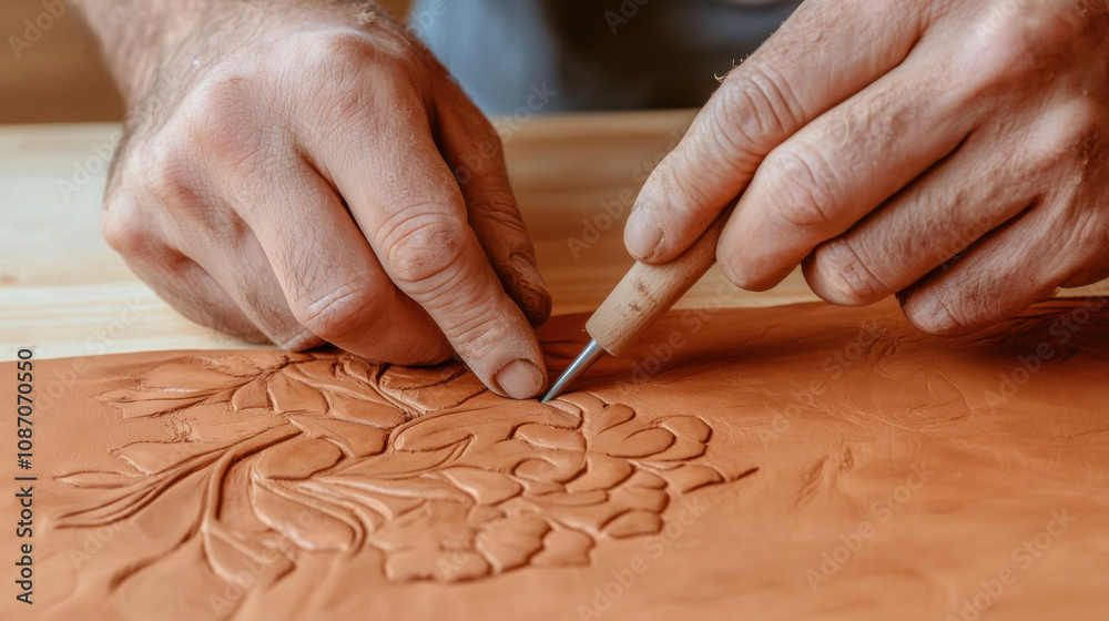 Handmade leather and creativity concept. Craftsman hands carving decorative patterns into leather with precision Handmade leather and creativity concept. Craftsman hands carving decorative patterns into leather with precision