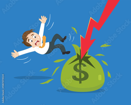 Businessman Got Arrow Down Financial Crisis Breaking Sack Of Money. Arrow Down Man Concept. Flat, Vector, Illustration, Cartoon, EPS10.   