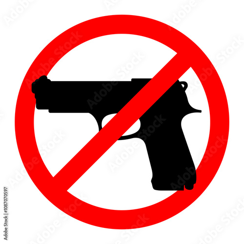No gun sign, prohibition warning sign, ban. Restricted area, pistol not allowed. Vector image silhouette, illustration isolated on white background.