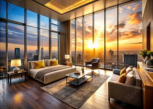 Stunning Architectural Photography of a Large Room with Panoramic City Skyline View at Sunset