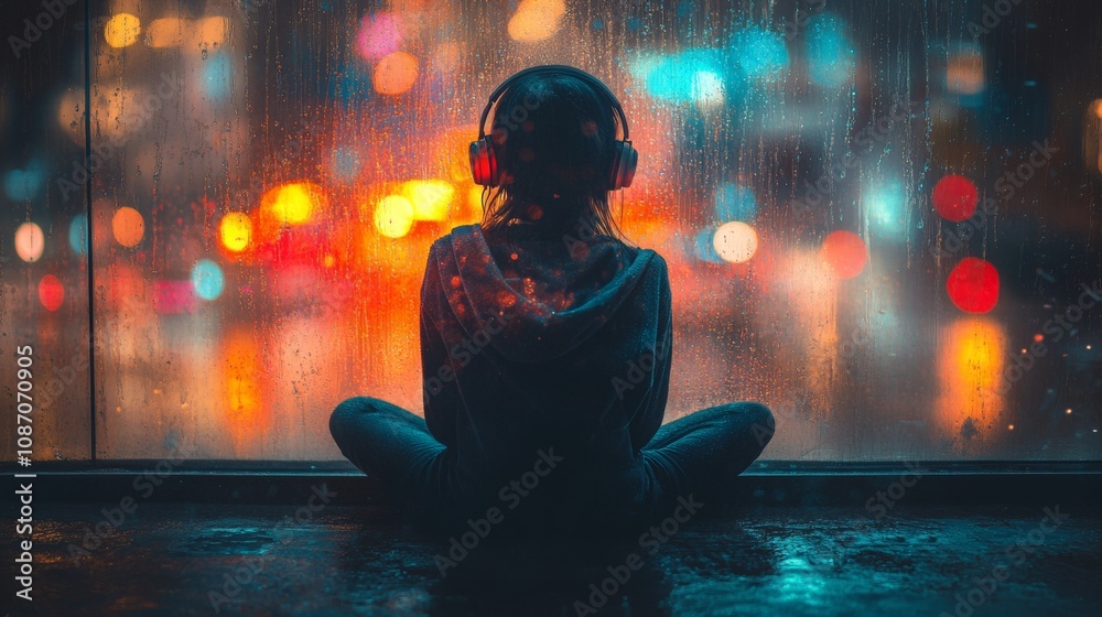Anime girl in headphones by rain-soaked window, soft pastel hues, serene ambiance, raindrops glistening on glass, tranquil moment captured Anime girl in headphones by rain-soaked window, soft pastel hues, serene ambiance, raindrops glistening on glass, tranquil moment captured