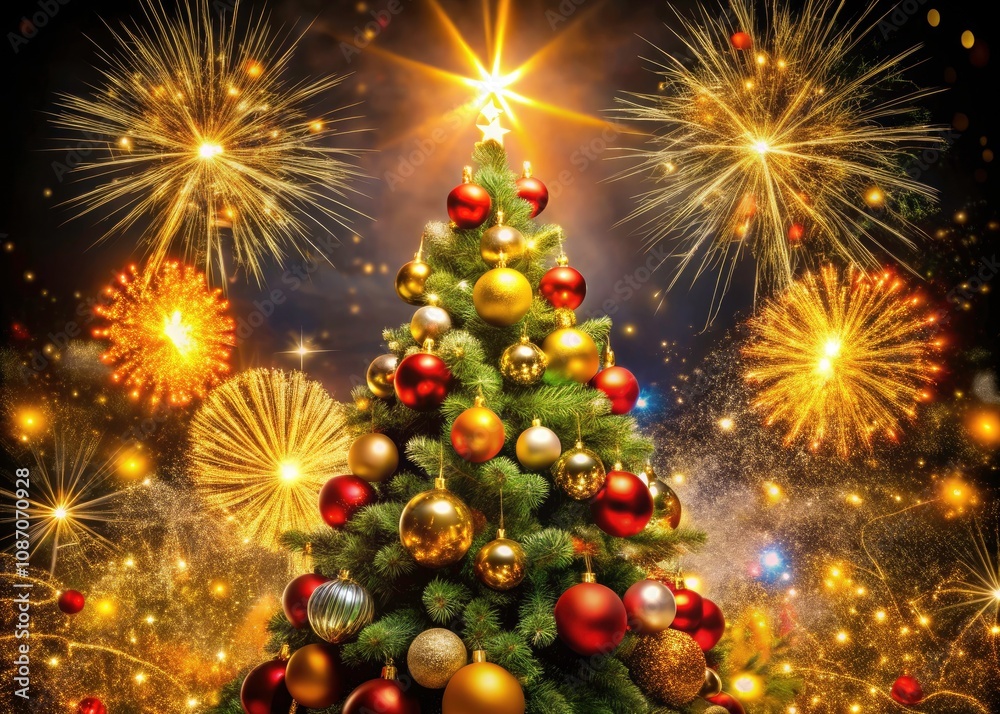 Stunning Christmas Tree Silhouette with Golden Sparkling Fireworks Ornaments for Holiday Decor Inspiration Stunning Christmas Tree Silhouette with Golden Sparkling Fireworks Ornaments for Holiday Decor Inspiration