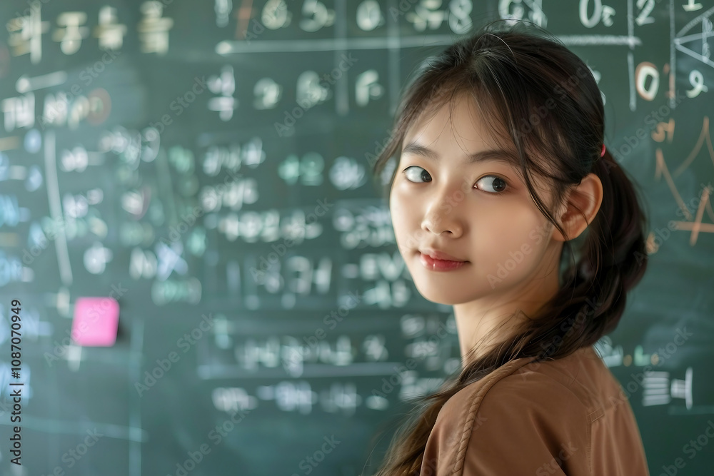 Portrait of a female student in a classroom learn math generative AI Portrait of a female student in a classroom learn math generative AI