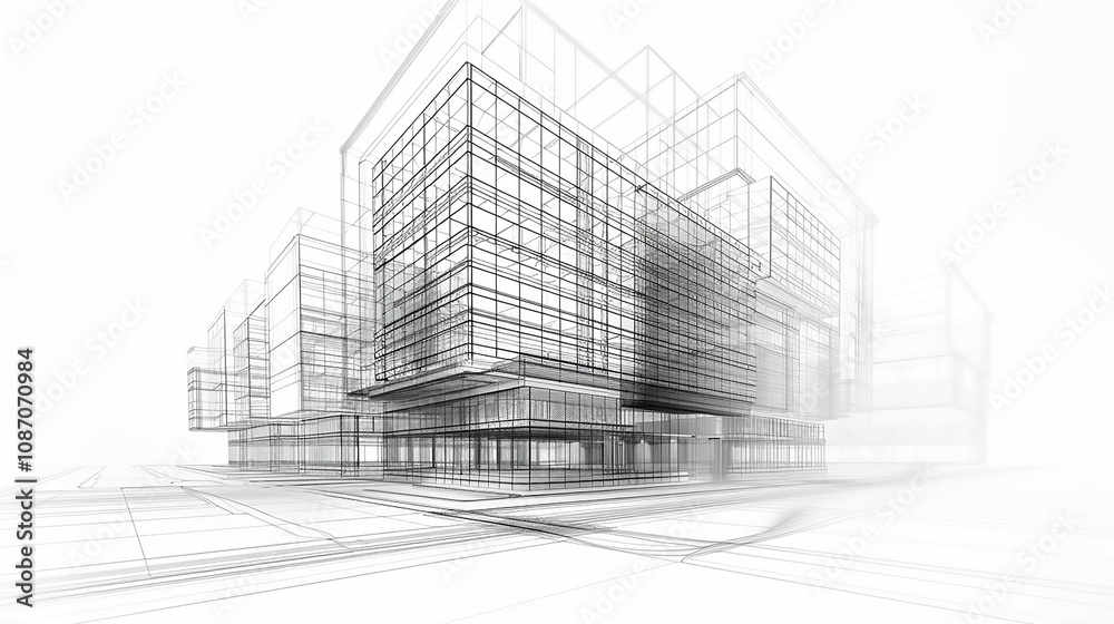 Fototapeta premium Modern Architecture building construction perspective design, building sketch line drawing on white background Modern Architecture building construction perspective design, building sketch line white 