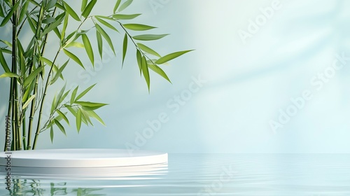 Empty podium with green bamboo leaf branches on water against light blue background.
