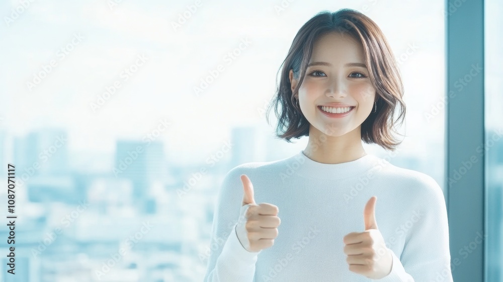 Smiling Japanese woman in white shirt and gray skirt, giving thumbs up, plain background, confident and approachable demeanor Smiling Japanese woman in white shirt and gray skirt, giving thumbs up, plain background, confident and approachable demeanor