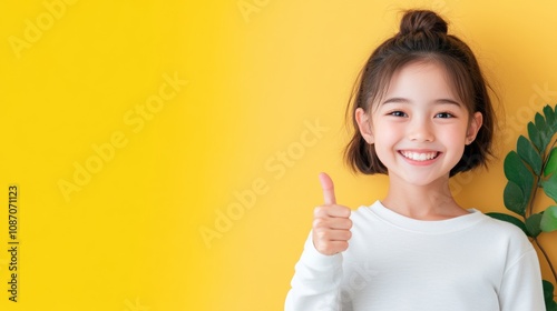 Japanese woman in her late 30s smiling in a white shirt and gray skirt, giving a thumbs up against a simple backdrop.