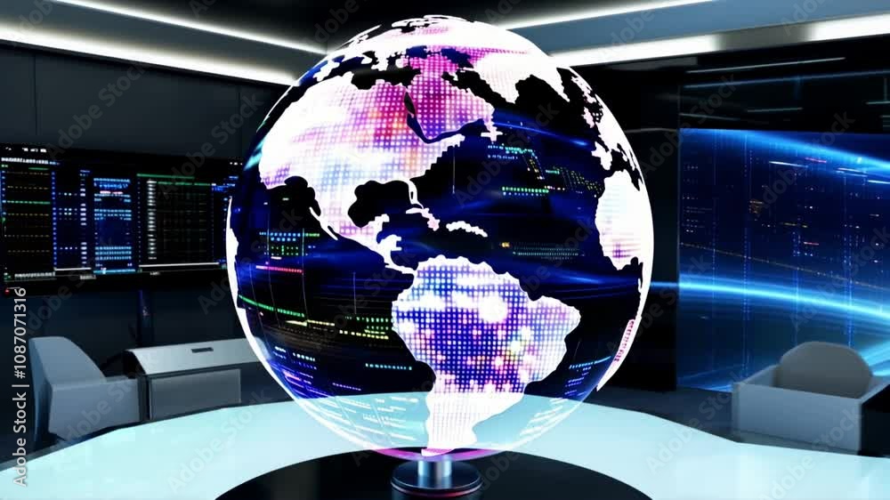 A rotating digital globe with data points and connections lighting up ...