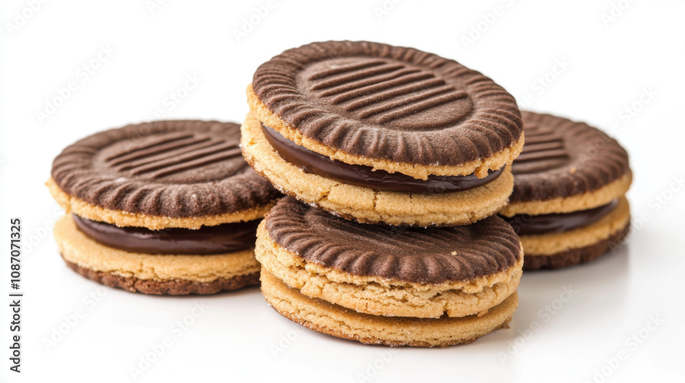 Sandwich cookies, chocolate cream filled biscuits isolated on white background, full depth of field Sandwich cookies, chocolate cream filled biscuits isolated on white background, full depth of field