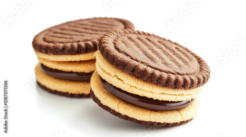 Sandwich cookies, chocolate cream filled biscuits isolated on white background, full depth of field