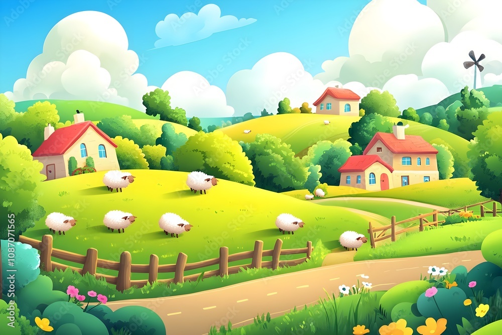 Fototapeta premium Beautiful landscape vector illustration of mountains, forests, fields and meadows. Stunning panoramic farm landscape with mountains in the background. Natural landscape