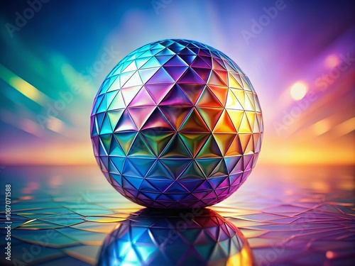 Vibrant Geometric Sphere on Reflective Surface with Dreamy Background: A Stunning Product Photography Experience