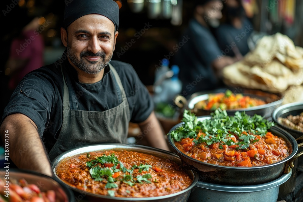 Indian chef holding large pots of delicious curry in restaurant kitchen Indian chef holding large pots of delicious curry in restaurant kitchen