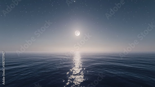 Moonlit sky over a calm sea, with stars sparkling above