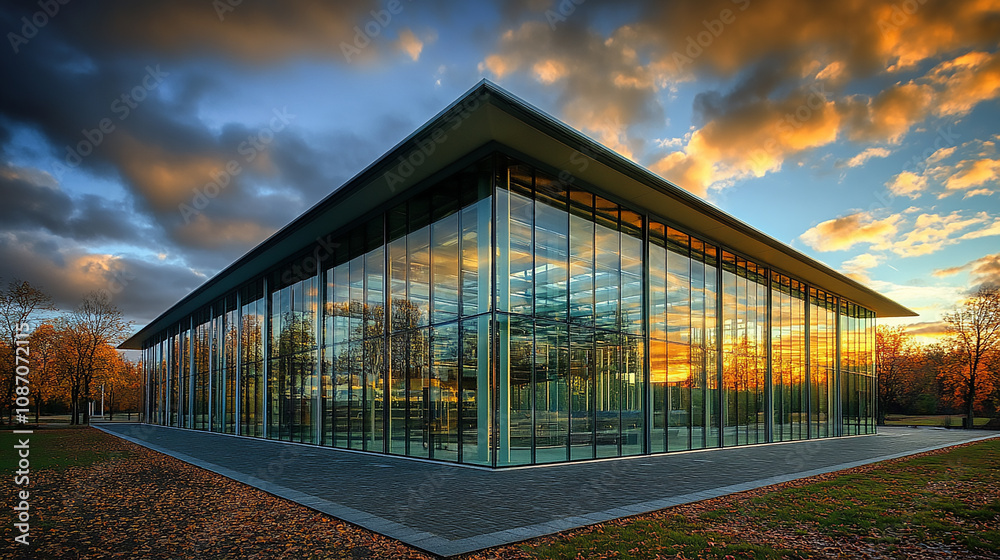 Obraz premium Modern office building A modern hospital building features a glass facade with commercial office buildings in the background, modern landscape design with big green bushes.