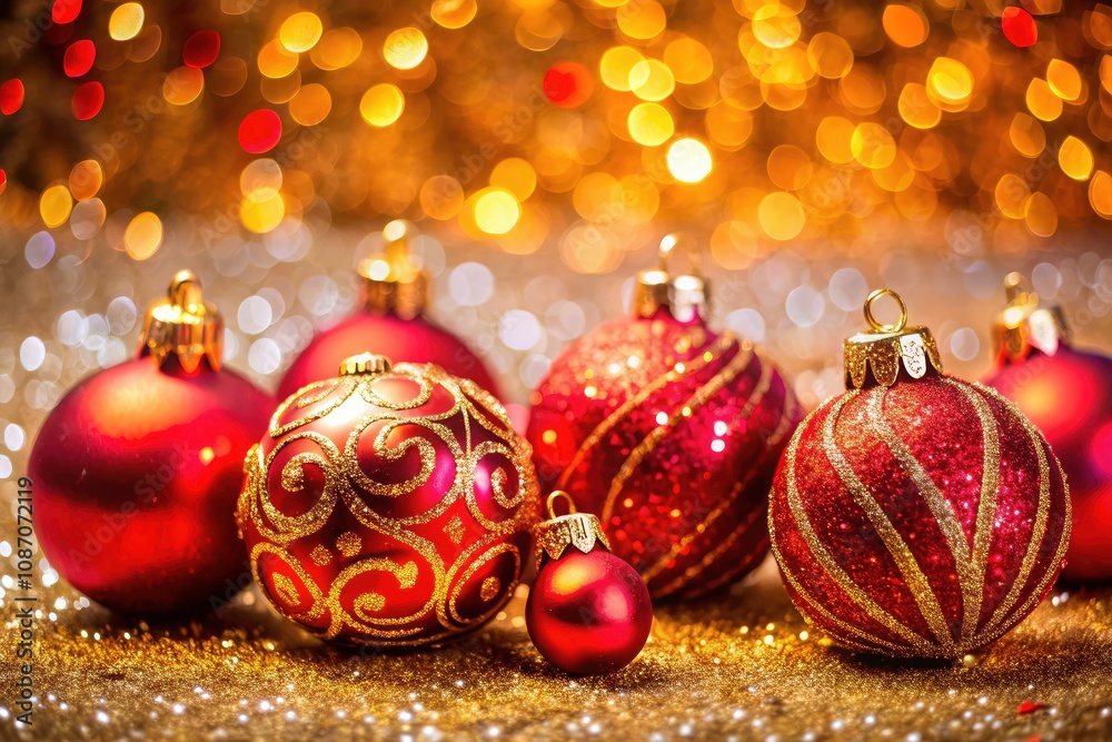 Stunning Macro Photography of Red and Gold Christmas Ornaments with Sparkling Glitter Background for Festive Decor, Holiday Celebrations, and Seasonal Cheer Stunning Macro Photography of Red and Gold Christmas Ornaments with Sparkling Glitter Background for Festive Decor, Holiday Celebrations, and Seasonal Cheer
