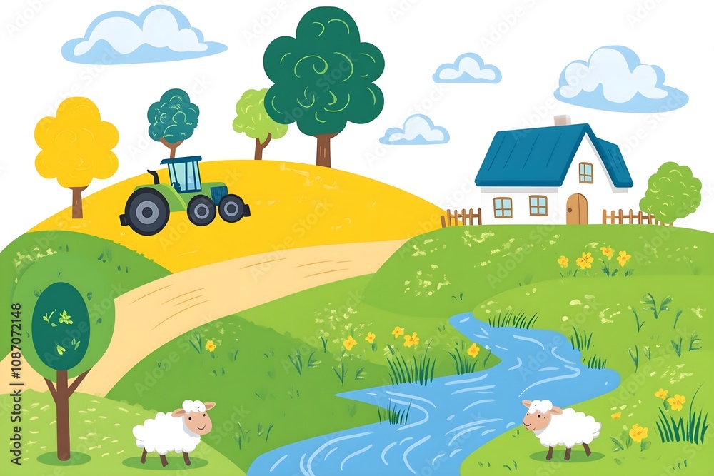 Beautiful landscape vector illustration of mountains, forests, fields and meadows. Stunning panoramic farm landscape with mountains in the background. Natural landscape Beautiful landscape vector illustration of mountains, forests, fields and meadows. Stunning panoramic farm landscape with mountains in the background. Natural landscape