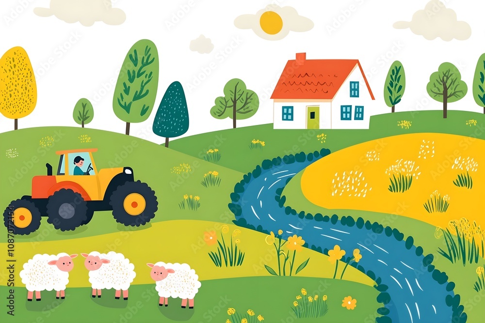 Beautiful landscape vector illustration of mountains, forests, fields and meadows. Stunning panoramic farm landscape with mountains in the background. Natural landscape Beautiful landscape vector illustration of mountains, forests, fields and meadows. Stunning panoramic farm landscape with mountains in the background. Natural landscape