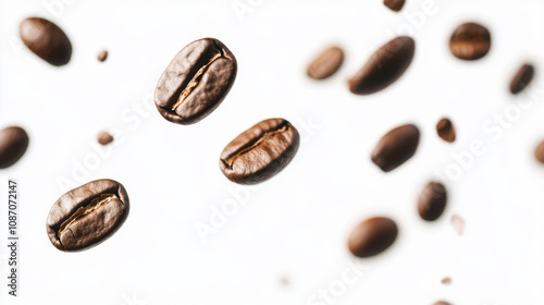 Falling coffee beans isolated on white background