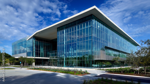 A fragment of a modern office building in the capital .glass buildings with cloudy blue sky background .modern office building A modern glass building reaches towards a blue sky, reflecting clouds an 