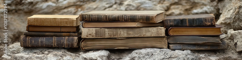 A close-up of worn, dusty book spines stacked atop one another on a rocky surface.