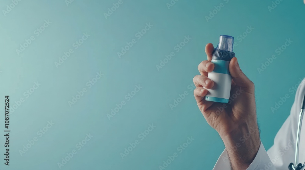 Fototapeta premium A hand holding an inhaler against a turquoise background.