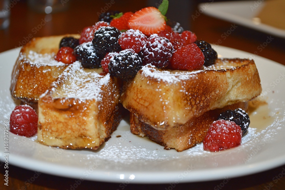 Delicious French Toast Topped with Fresh Berries and Powdered Sugar Delicious French Toast Topped with Fresh Berries and Powdered Sugar