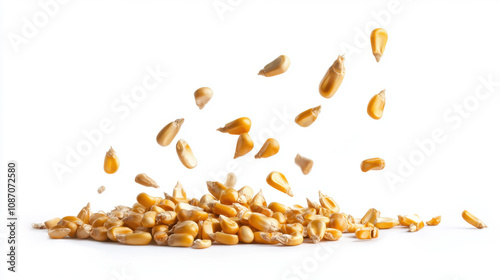 Falling corn seeds isolated on white background with clipping path