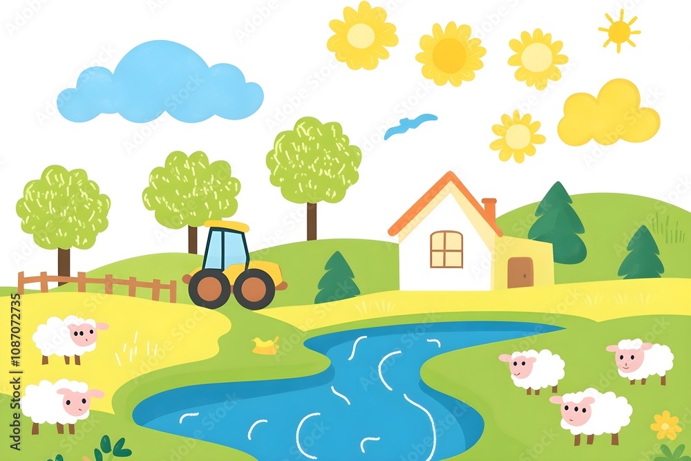 Fototapeta premium Beautiful landscape vector illustration of mountains, forests, fields and meadows. Stunning panoramic farm landscape with mountains in the background. Natural landscape