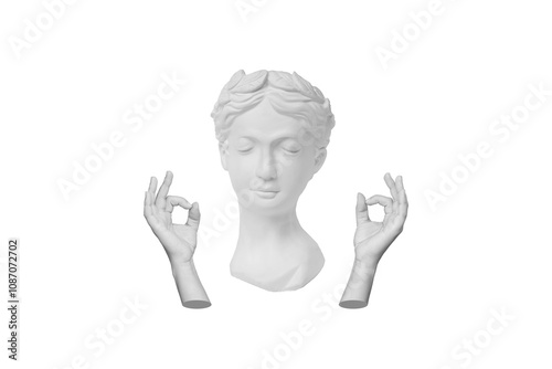 Mindful antique statue's head meditates keeping hands in mudra gesture with her eyes closed on a white background. 3d trendy conceptual collage. Contemporary art. Modern creative design. Meditation