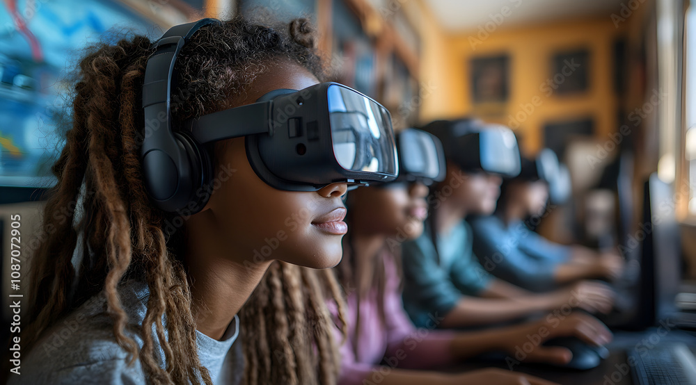 A group of individuals wearing VR headsets engaged in immersive gaming, showcasing modern technology and interactive entertainment. A group of individuals wearing VR headsets engaged in immersive gaming, showcasing modern technology and interactive entertainment.