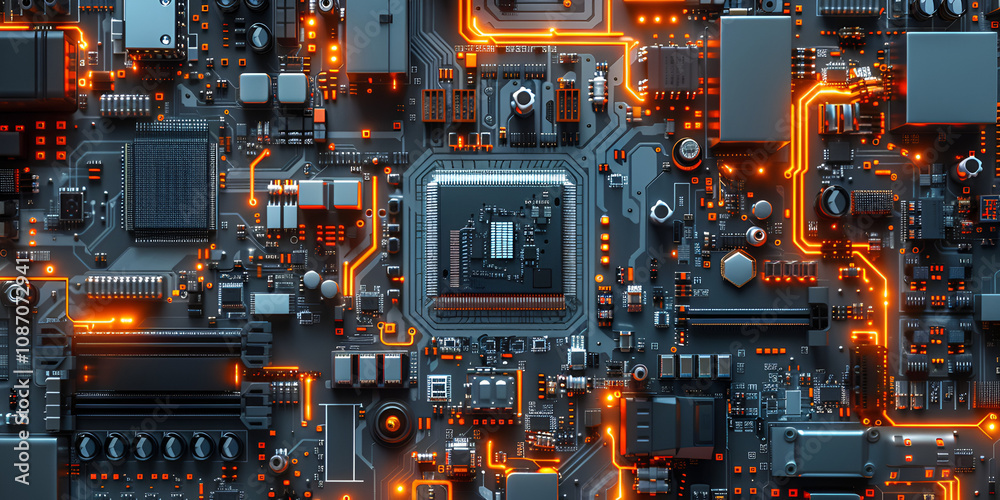 Fototapeta premium Glowing Motherboard with Futuristic Circuits, Advanced Microchip Technology in Electronics