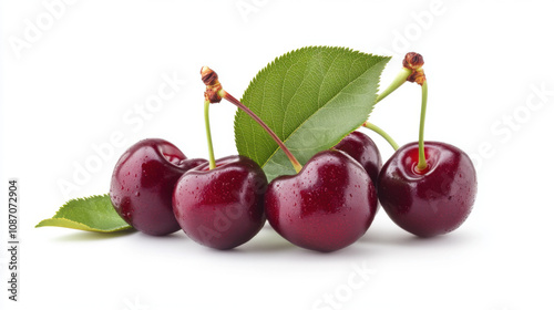 Cherry isolated on white background with clipping path, fresh cherries with stems and leaves