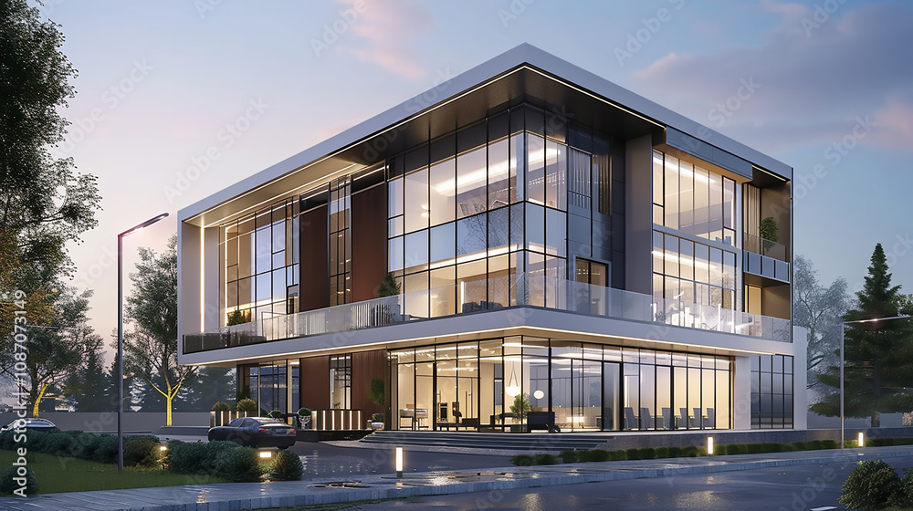 Building in night. Ideal for architectural projects 3D rendering of a stylish modern home with eco-friendly design elements and Lush Landscaping 