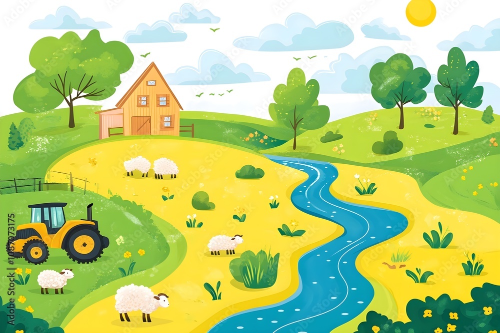 Beautiful landscape vector illustration of mountains, forests, fields and meadows. Stunning panoramic farm landscape with mountains in the background. Natural landscape Beautiful landscape vector illustration of mountains, forests, fields and meadows. Stunning panoramic farm landscape with mountains in the background. Natural landscape