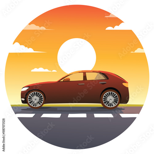 Silhouette of a sleek modern car on a tropical road at sunset, surrounded by palm trees and a scenic horizon. Ideal for travel, automotive, or t shirts designs and marketing designs.