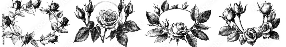 Obraz premium Hand drawn ink sketch of roses set in a vintage frame. Engraving modern illustration.