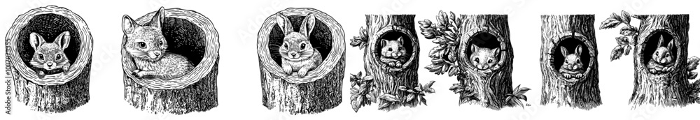 Obraz premium There are forest animals living inside holes and burrows. A hole in the earth, a bear hibernating, a mouse, a red fox and an owl. Deers peeking out and a modern set with modern elements with today's