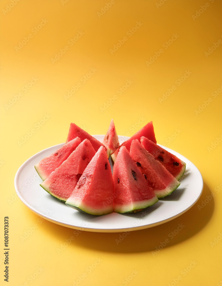 Triangular watermelon slices arranged like a fan on a white plate, with a bright yellow background for a summery feel