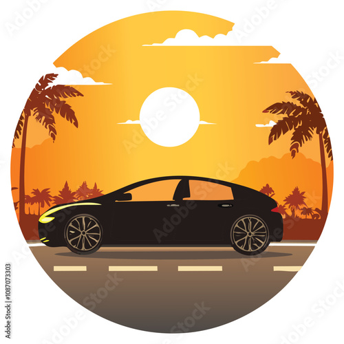 Silhouette of a sleek modern car on a tropical road at sunset, surrounded by palm trees and a scenic horizon. Ideal for travel, automotive, or t shirts designs and marketing designs
