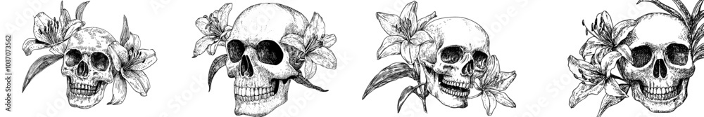 Fototapeta premium Handdrawn ink sketch of a skull with flowers. Modern engraving style illustration