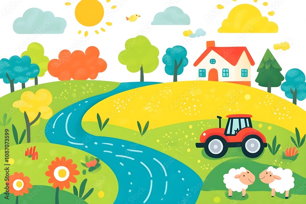 Fototapeta premium Beautiful landscape vector illustration of mountains, forests, fields and meadows. Stunning panoramic farm landscape with mountains in the background. Natural landscape