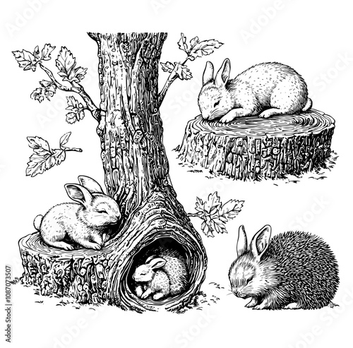 In the wild, animals live in holes. Funny squirrel, bat, bunny, red fox, and little mouse. Woodland characters in modern times.