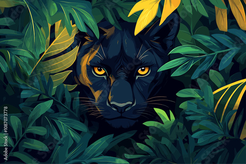 Black panther looks through the foliage in the rainforest background. Jungle majestic wild animal feline carnivorous. Safari wildlife backdrop banner. Nature beauty. Cartoon style vector illustration