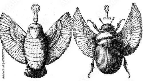Illustration of an isolated beetle bug scarab engraved by hand on a sheet of paper